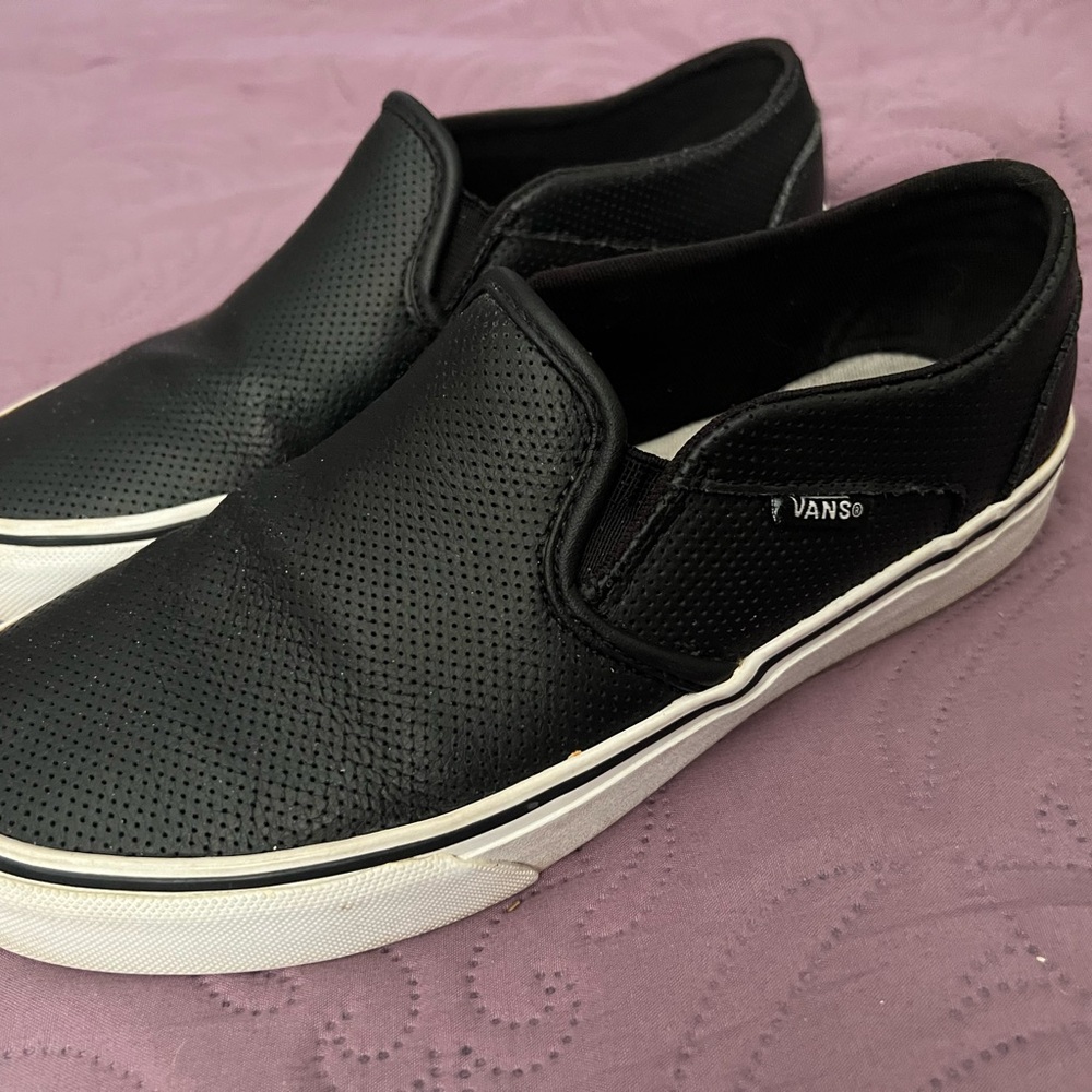 Vans Black Slip-On Perforated Leather Sneakers with White Sole